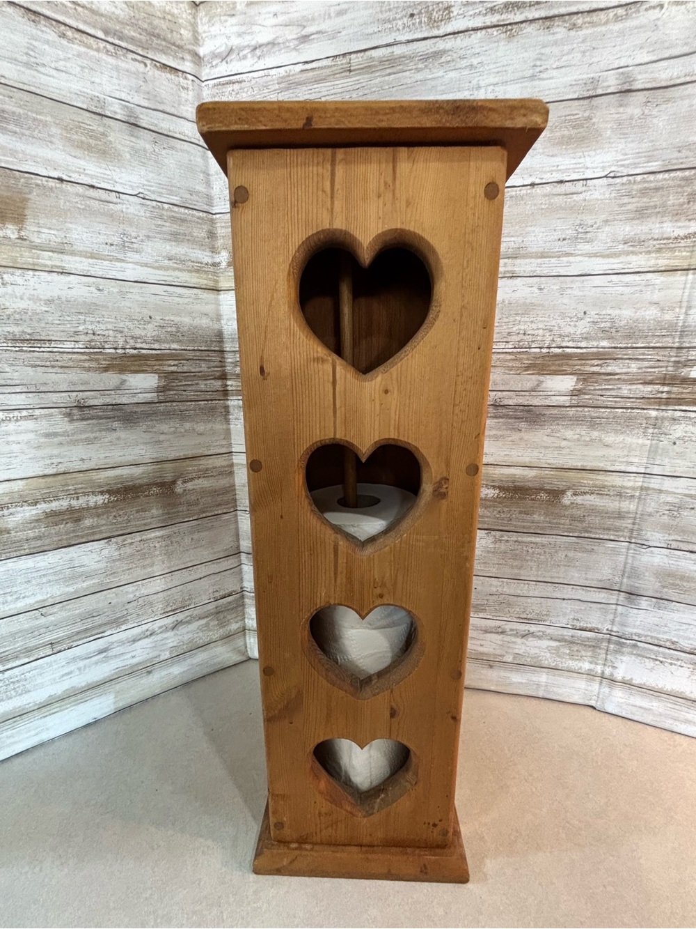 Vintage Cottage Core wooden toilet paper holder folk art hearts